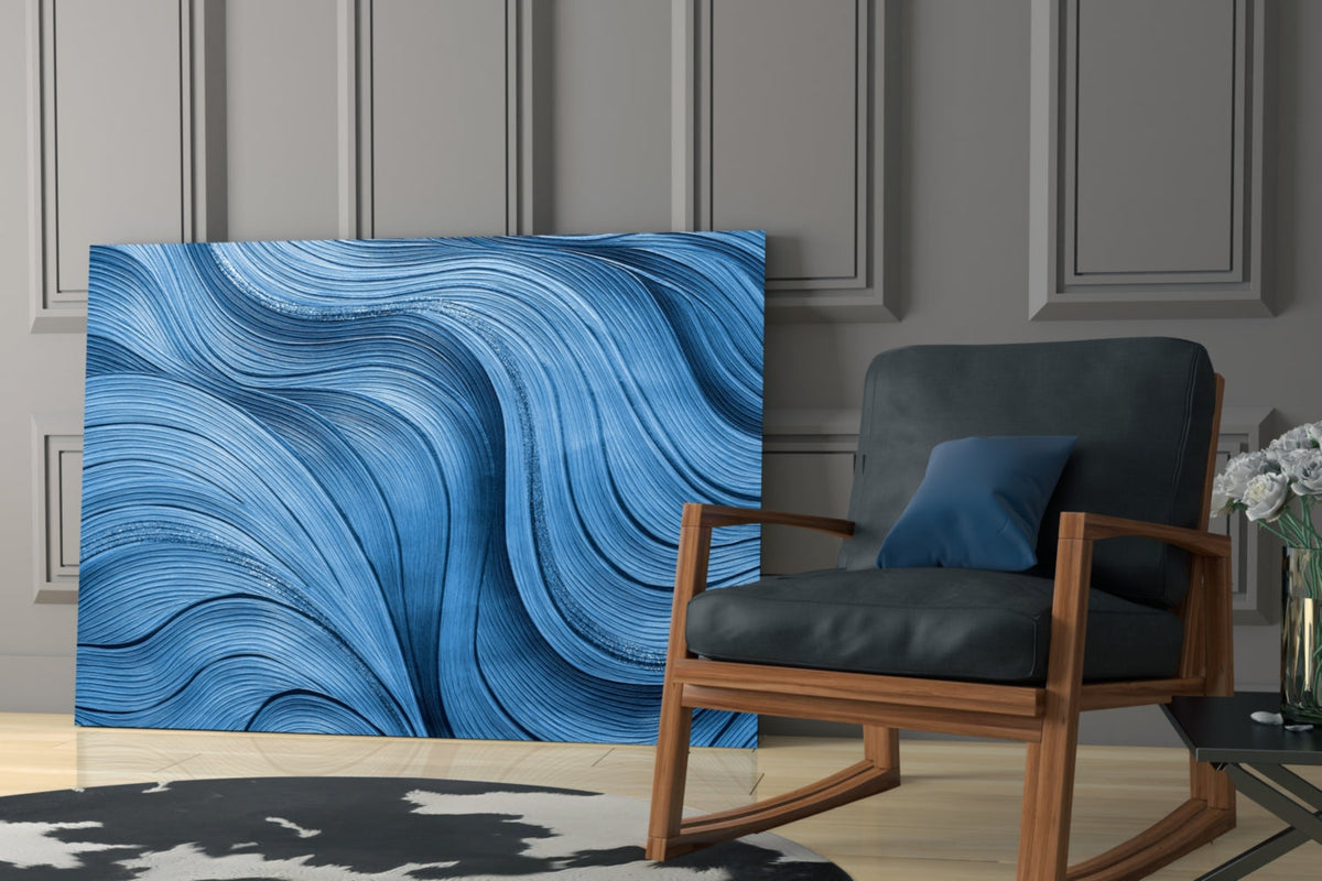 Painterly Ocean Waves Blue Glass Wall Art with Silver Highlights – view 7