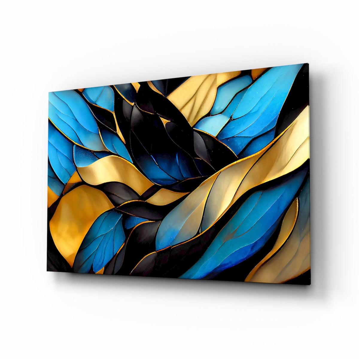 Sapphire and gold stained-glass style leaves glass wall art in a designer dining room