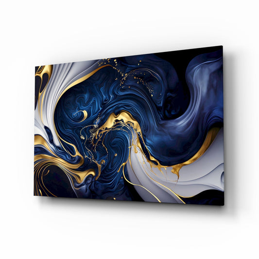 Midnight blue and gold swirl marble glass wall art above a sofa in a glam living room