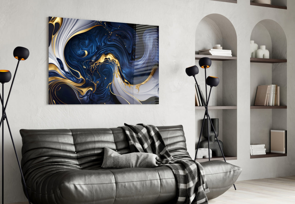 Elegant Gold Swirls on Midnight Blue Glass Wall Art – view 4
