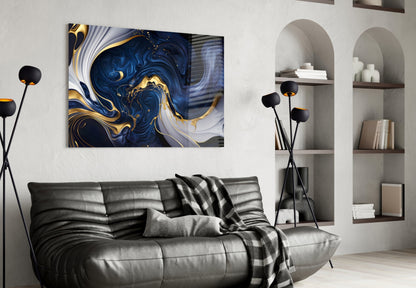 Elegant Gold Swirls on Midnight Blue Glass Wall Art – view 4