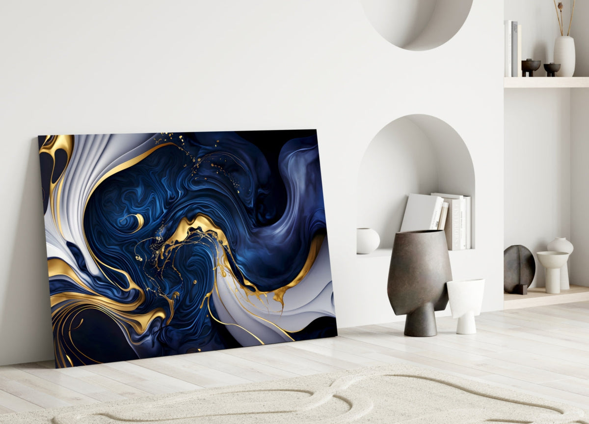 Elegant Gold Swirls on Midnight Blue Glass Wall Art – view 5
