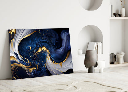 Elegant Gold Swirls on Midnight Blue Glass Wall Art – view 5