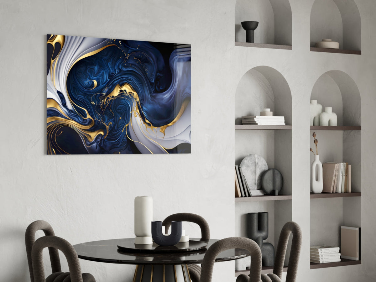 Elegant Gold Swirls on Midnight Blue Glass Wall Art – view 6