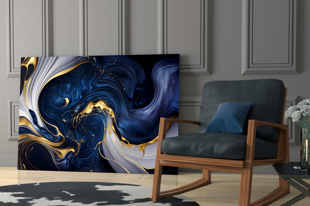 Elegant Gold Swirls on Midnight Blue Glass Wall Art – view 7