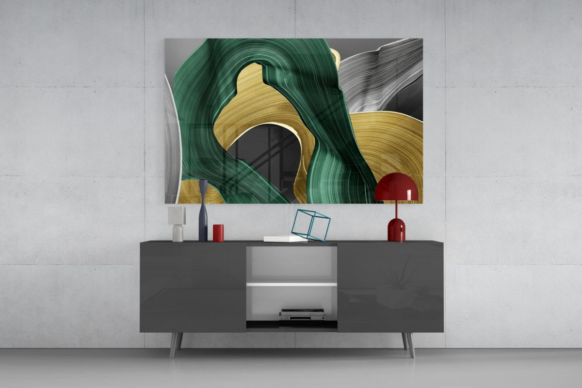 Elegant Swirls in Gold and Green Glass Wall Art – view 3