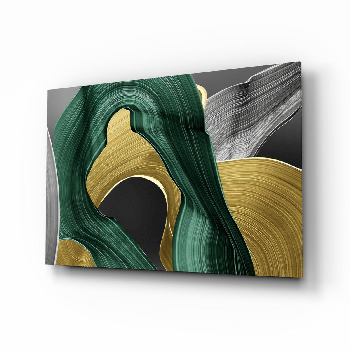 Emerald green and gold swirl brushstroke glass wall art in a glam dining space