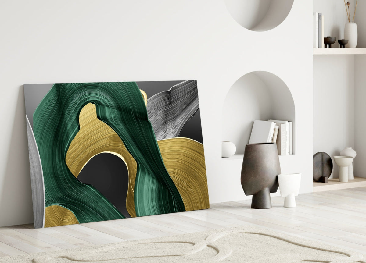 Elegant Swirls in Gold and Green Glass Wall Art – view 5