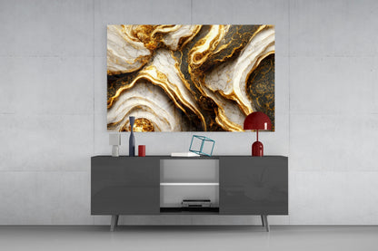 Elegant Gold Veins Marble Glass Wall Art, Ivory and Graphite – view 8