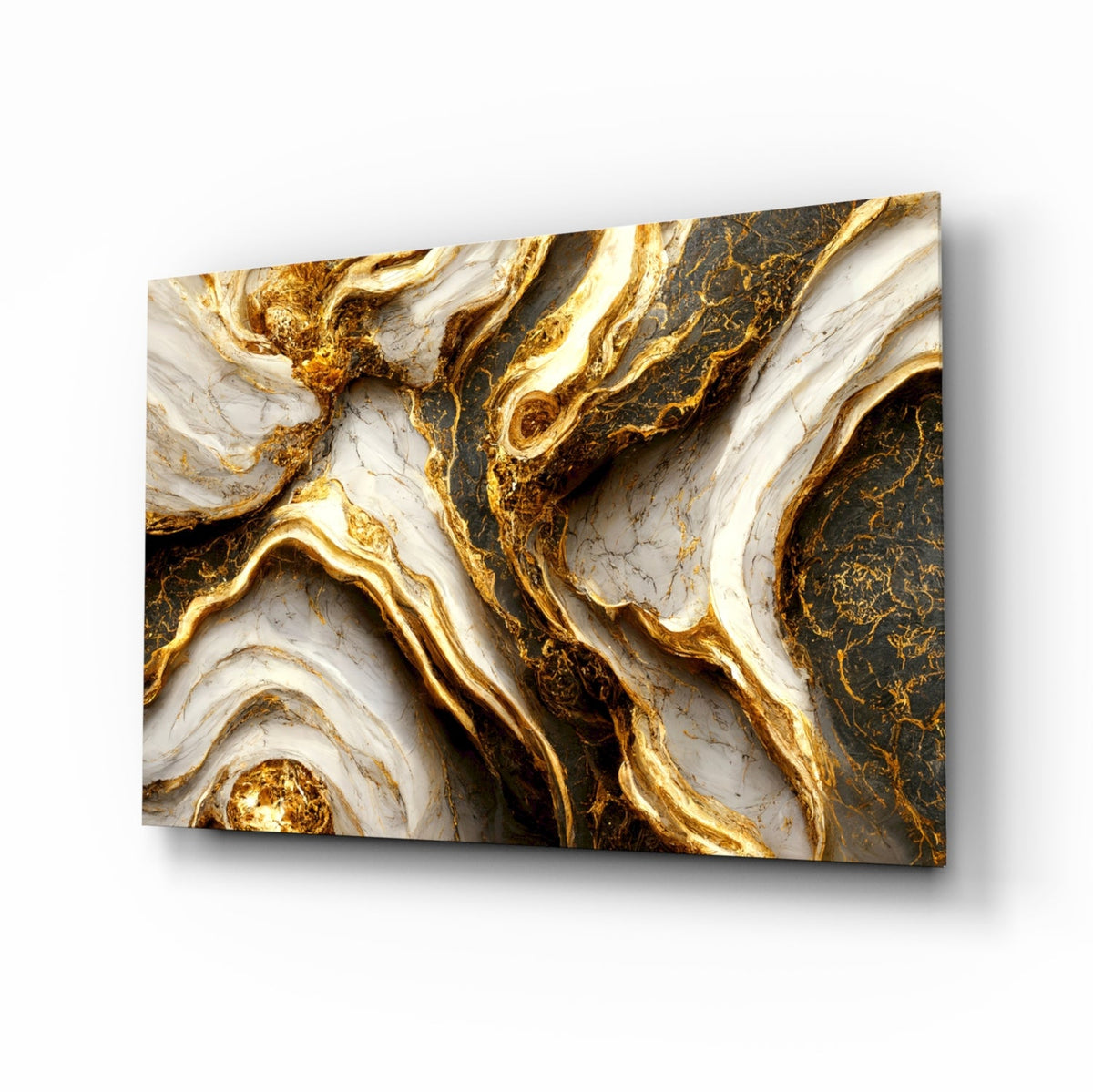 Ivory and graphite marble with gold veins glass wall art in an elegant living room