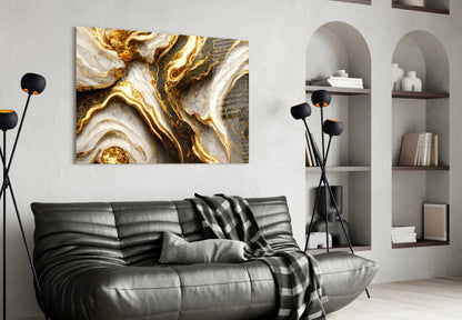 Elegant Gold Veins Marble Glass Wall Art, Ivory and Graphite – view 4