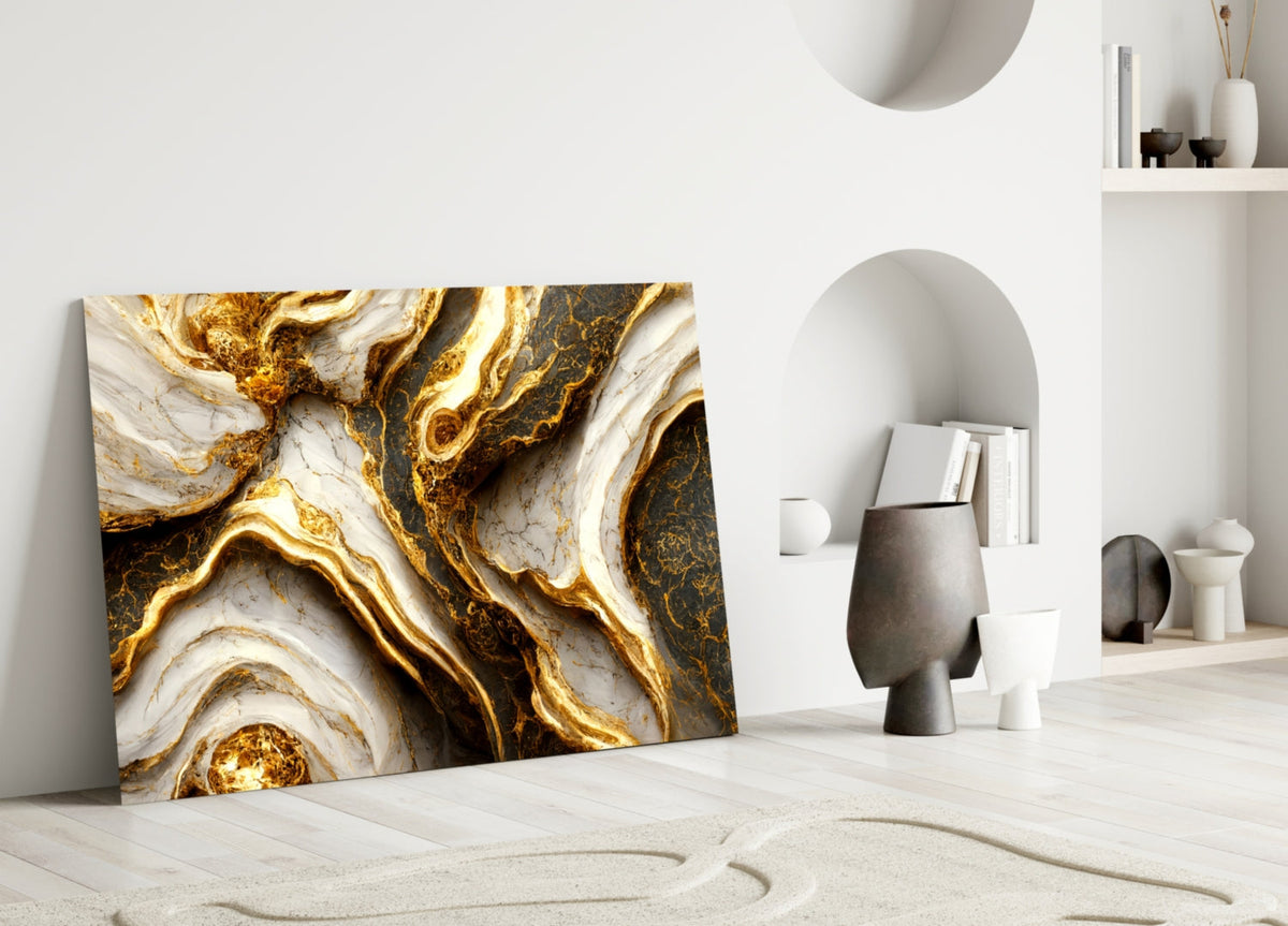 Elegant Gold Veins Marble Glass Wall Art, Ivory and Graphite – view 5