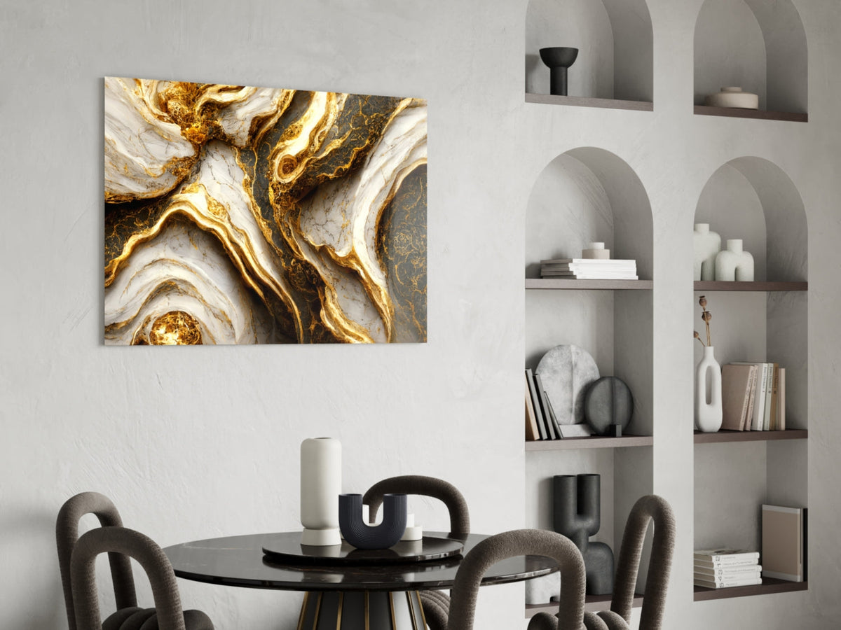 Elegant Gold Veins Marble Glass Wall Art, Ivory and Graphite – view 6