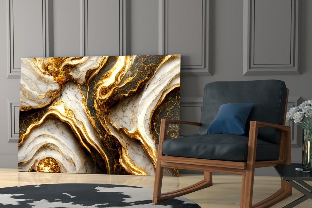 Elegant Gold Veins Marble Glass Wall Art, Ivory and Graphite – view 7