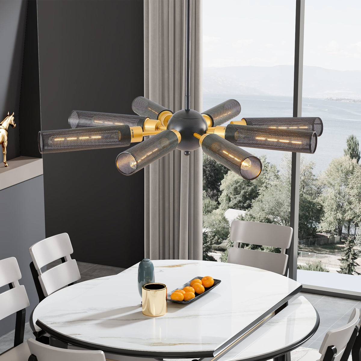 Modern Industrial Black Sputnik 8-Light Chandelier, Adjustable Height – view 3