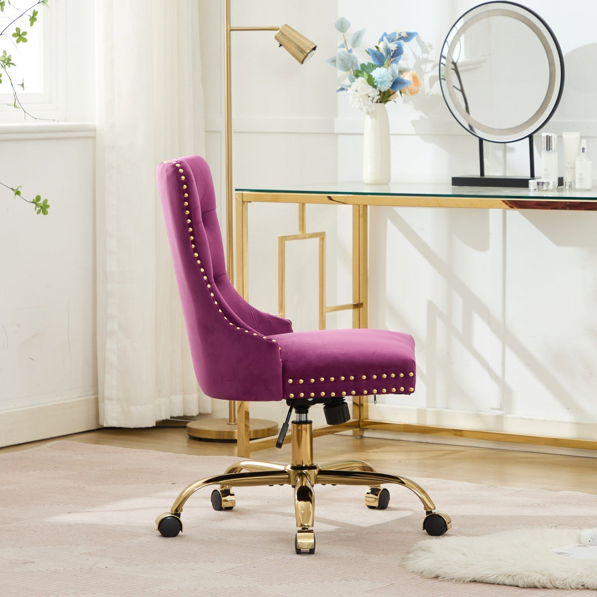 Purple Velvet Tufted Office Chair with Gold Accents and Nailhead Trim – view 16