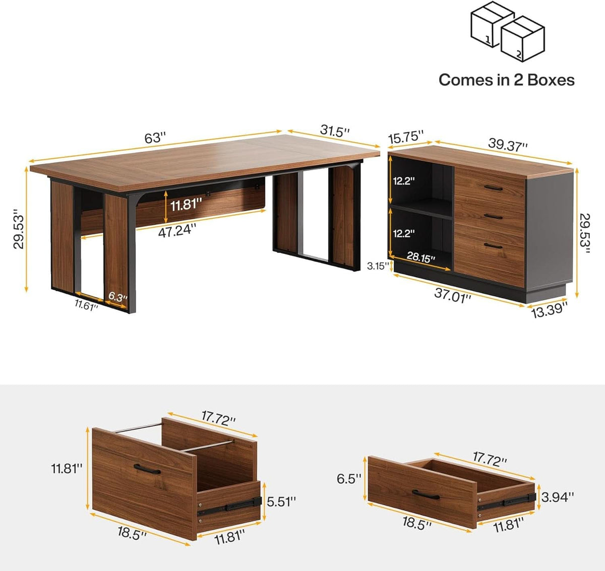 63 Inch L-Shaped Executive Desk with File Cabinet and Storage Shelves – view 2