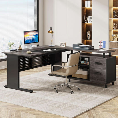63-Inch Executive Desk with File Cabinet and Open Shelves – view 3