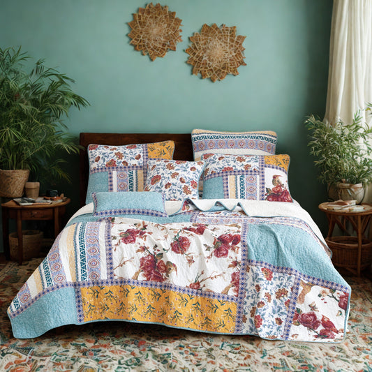 Cotton Patchwork Quilt Set: Old World Garden Hummingbirds in Pastel
