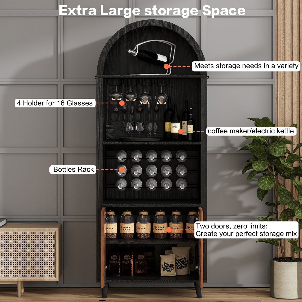 71-Inch Farmhouse Arched Wine Bar Cabinet with Glass Holders, Black – view 5
