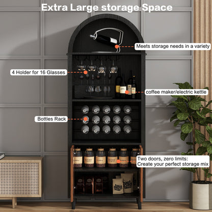 71-Inch Farmhouse Arched Wine Bar Cabinet with Glass Holders, Black – view 5