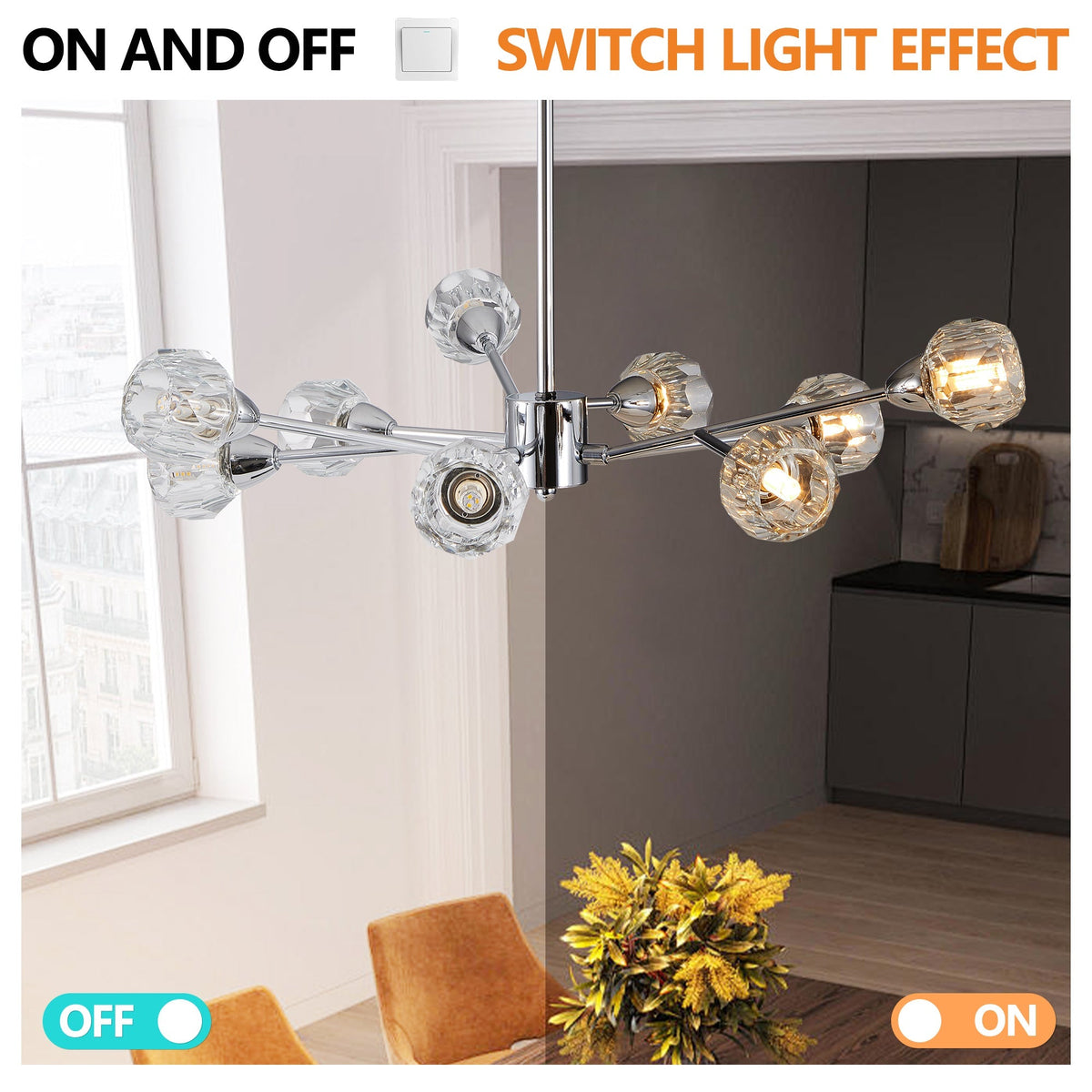 28" Modern Low-Profile Crystal Chandelier with 9 Lights, Chrome – view 7