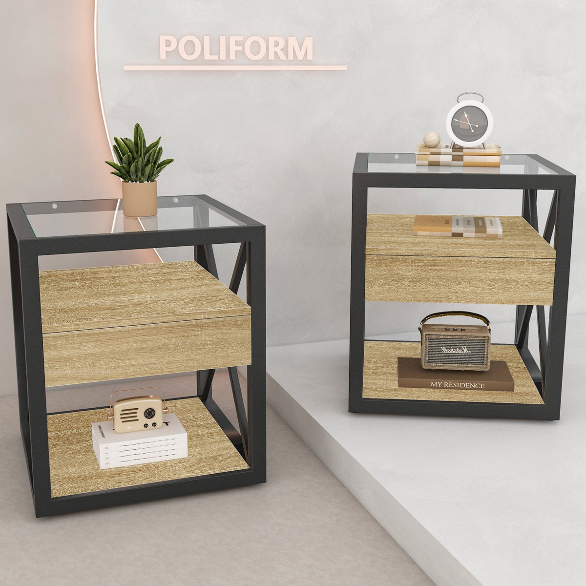 Modern X-Frame End Tables with Drawer and Glass Top, Set of 2 – view 2