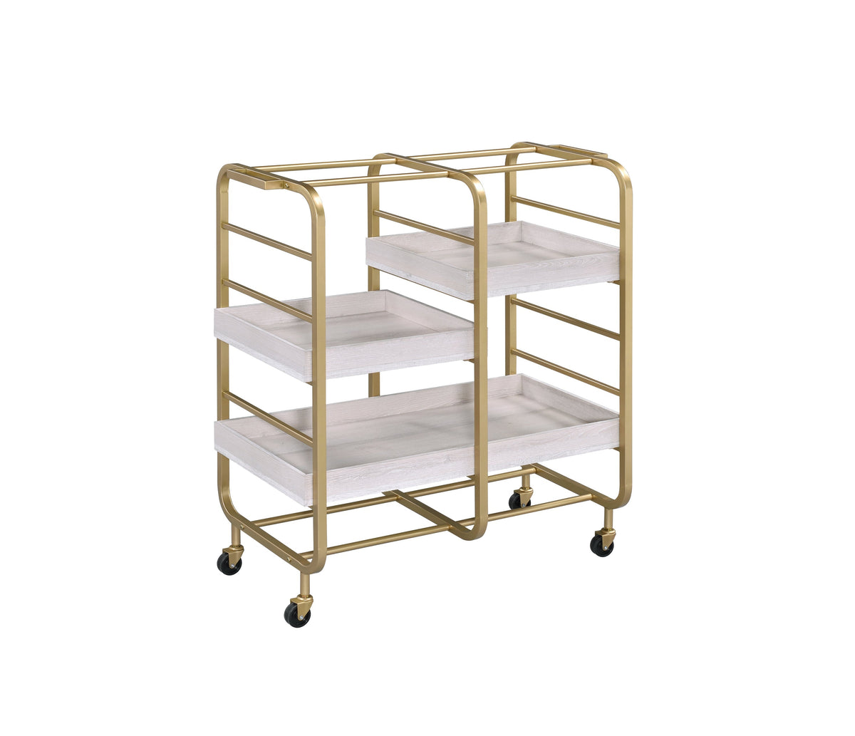 Gold metal serving cart with three removable white washed wooden trays in a dining room