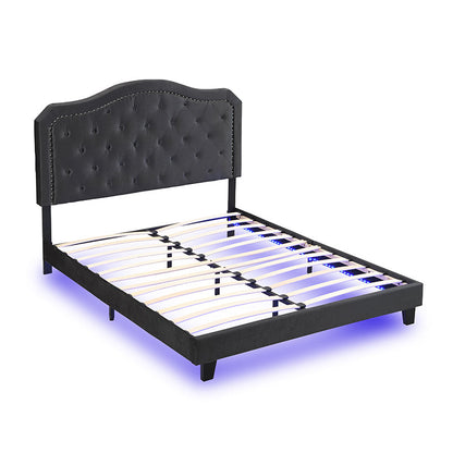 Queen Velvet Upholstered Bed with Button-Tufted Curved Headboard and LED – view 5