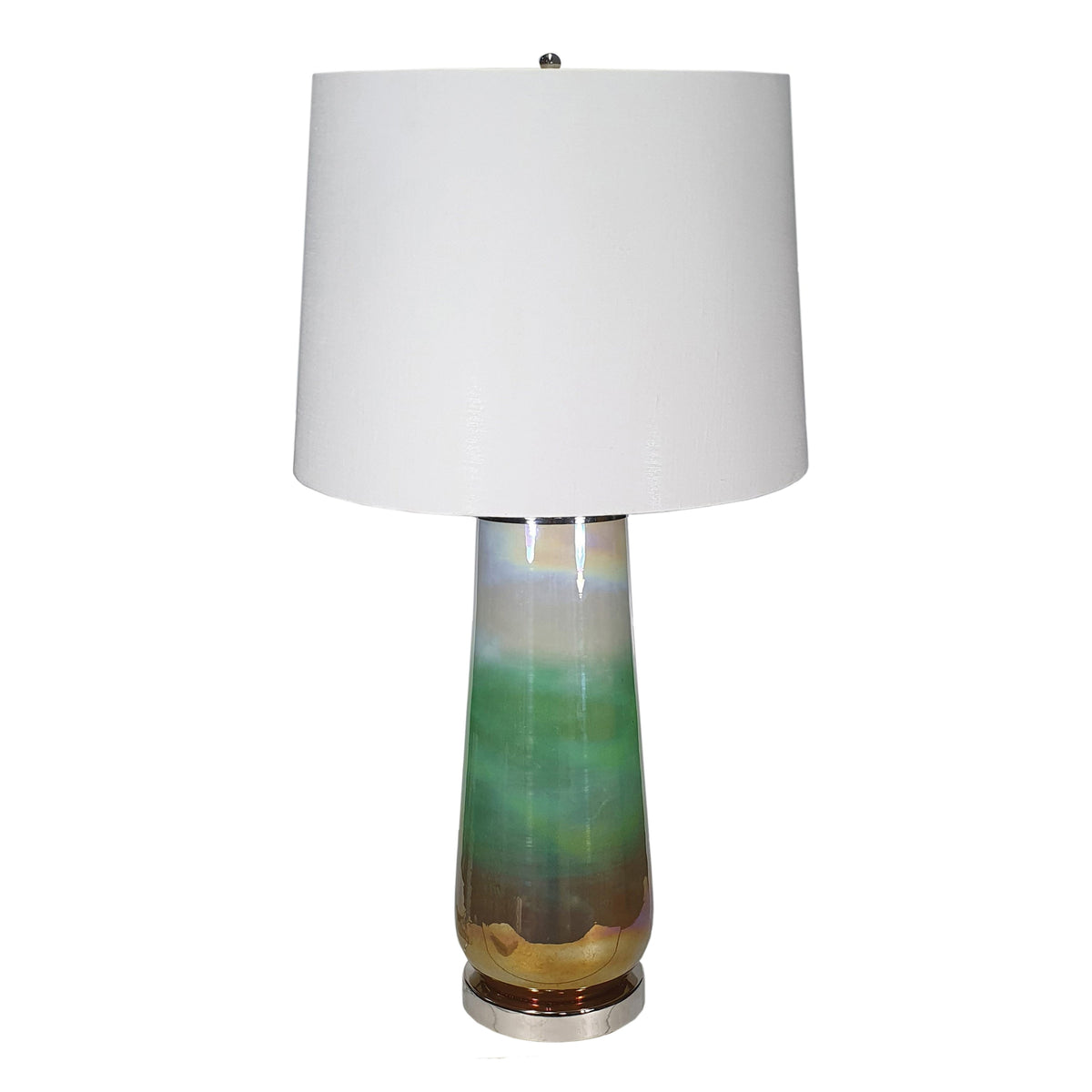 Multicolor glass table lamp with linen drum shade on a console table in an entryway