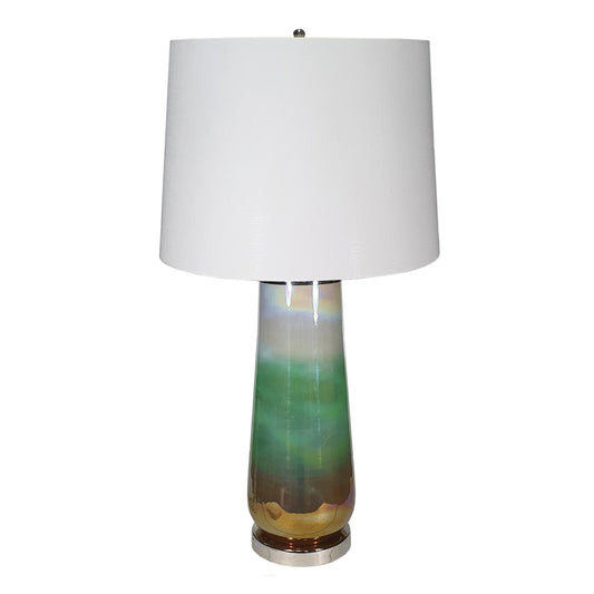 Multicolor glass table lamp with linen drum shade on a console table in an entryway