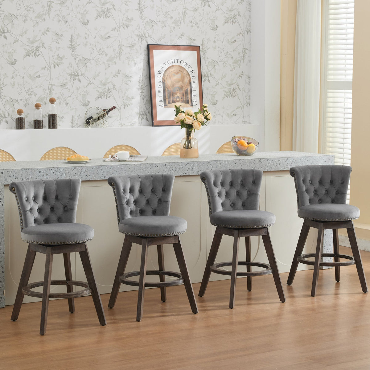 26" Gray Velvet Swivel Counter Height Bar Stools, Set of 2 – view 21