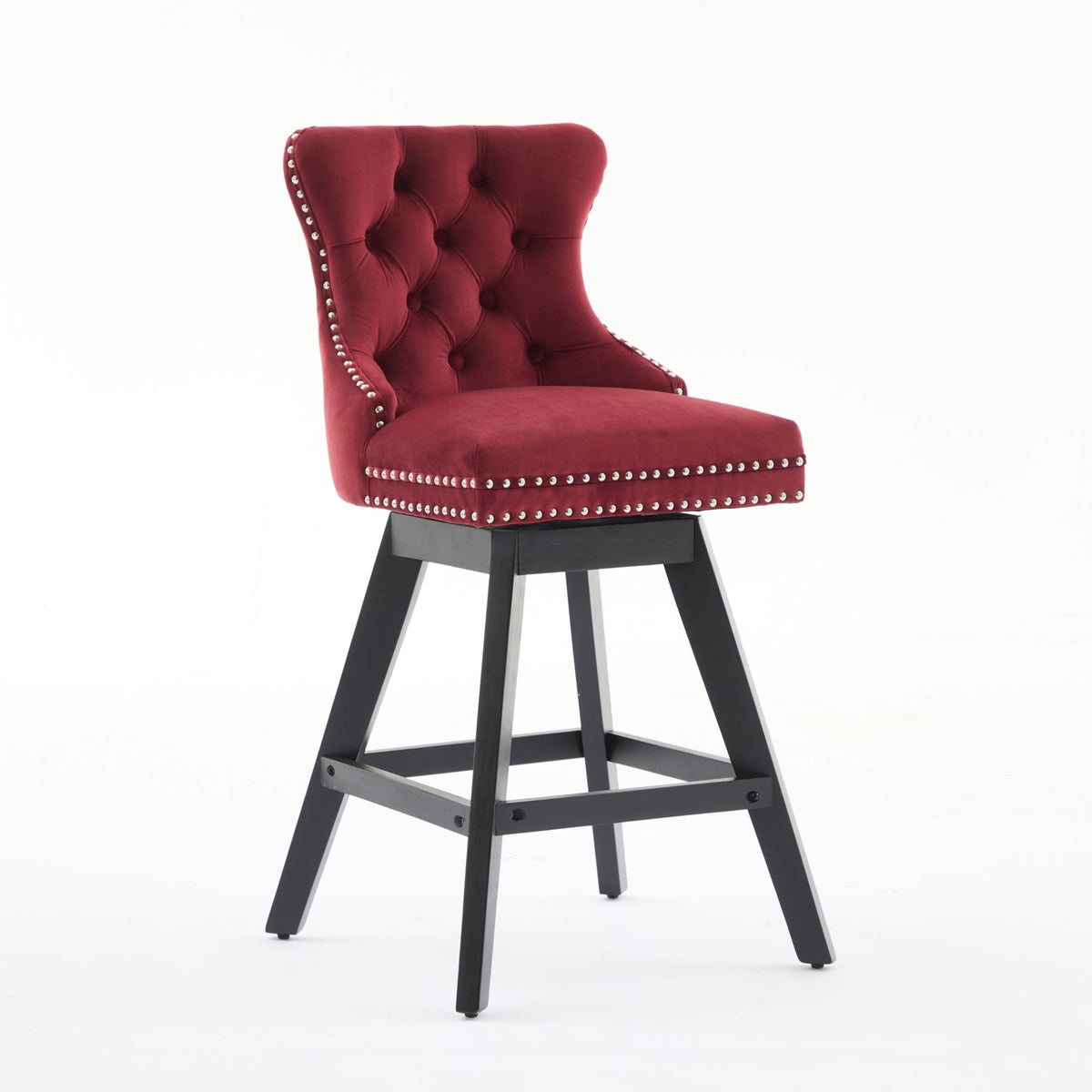 Wine Red Velvet Swivel Bar Stools with Button Tufting, Set of 2 – view 3