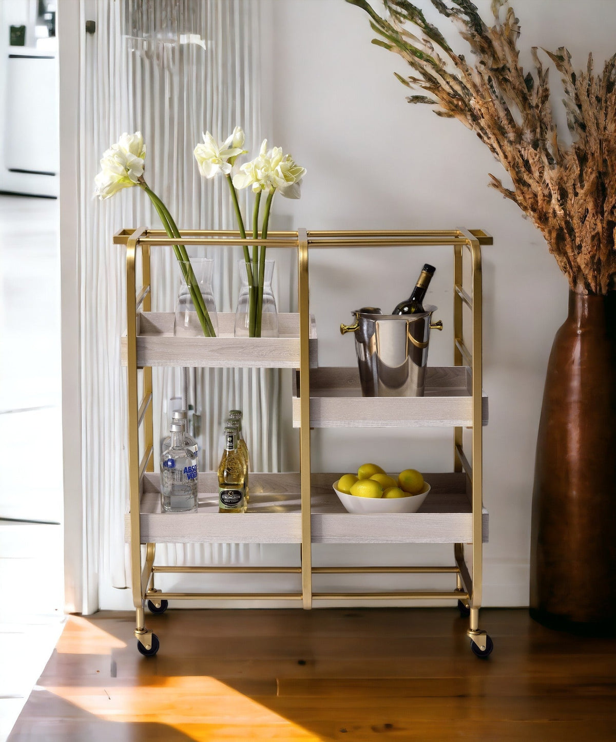 Vorrik Gold and White Washed Serving Cart with Removable Wooden Trays – view 2
