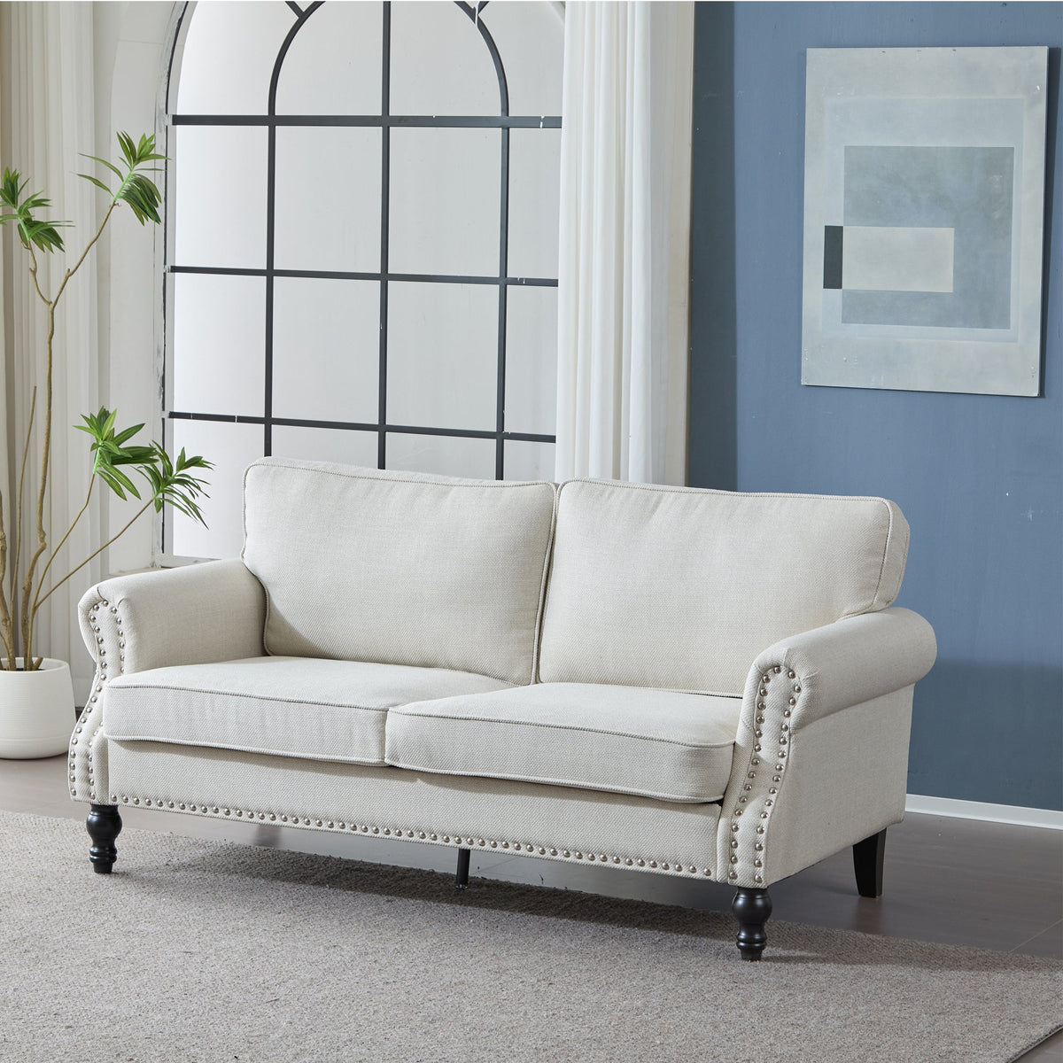 68 Inch Beige Faux Leather Rolled Arm Sofa with Nailhead Trim – view 4