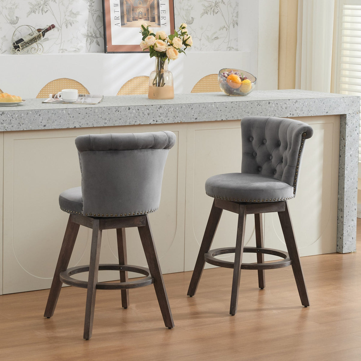 26" Gray Velvet Swivel Counter Height Bar Stools, Set of 2 – view 17