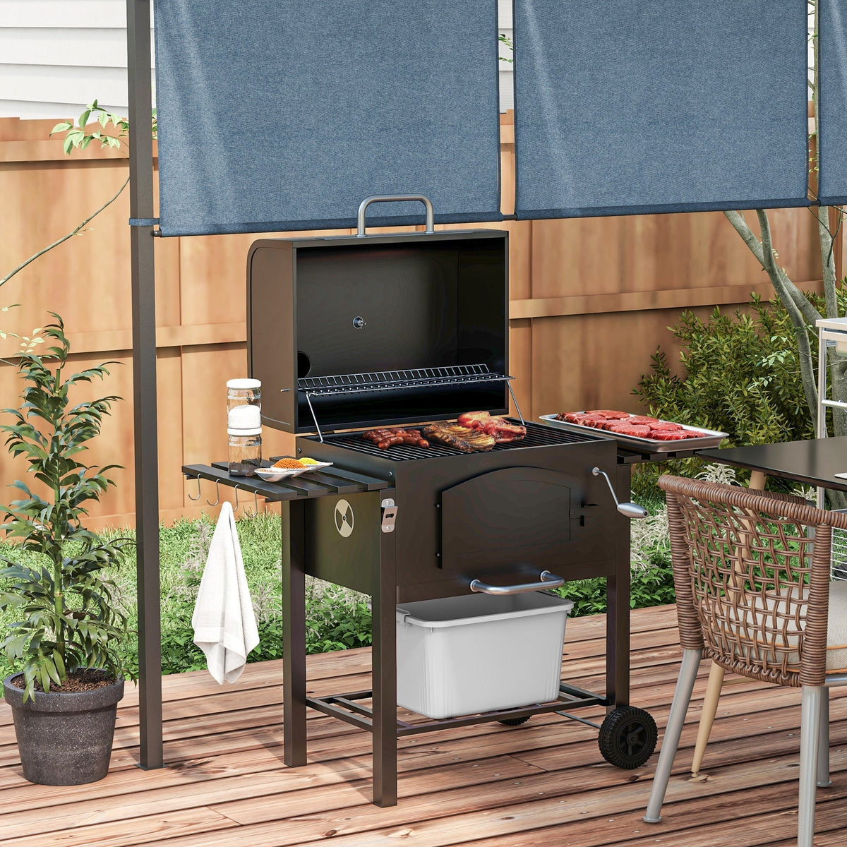 Black Steel Charcoal Grill with Adjustable Charcoal Pan and Folding Shelves – view 2