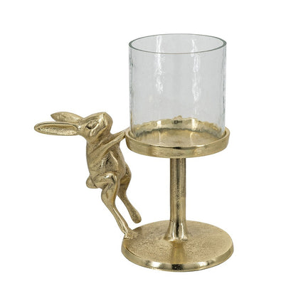 Gold Rabbit Pillar Candle Holder with Clear Glass Hurricane, Small – view 2