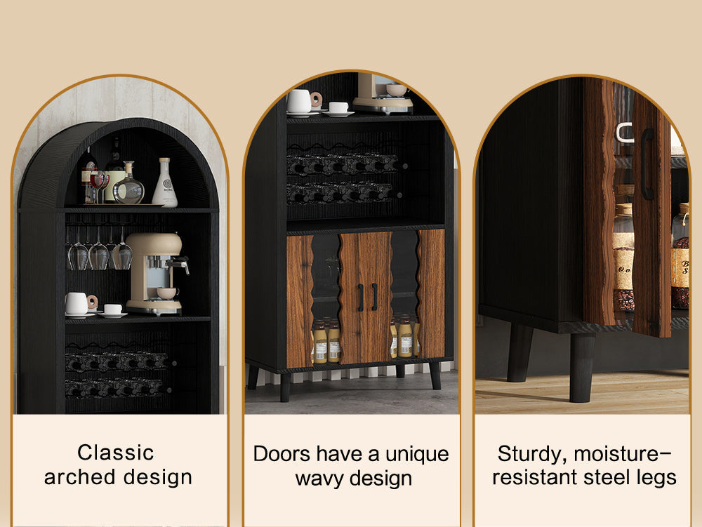 71-Inch Farmhouse Arched Wine Bar Cabinet with Glass Holders, Black – view 13