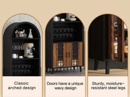 71-Inch Farmhouse Arched Wine Bar Cabinet with Glass Holders, Black – view 13