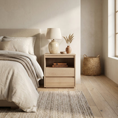Oak Mona Nightstand with Soft-Close Drawer and Fixed Shelf