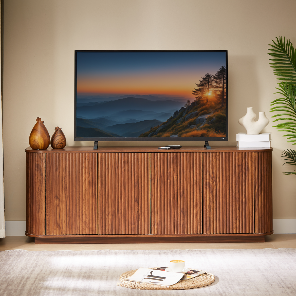 64 Inch Walnut Sideboard Storage Cabinet with Wave Pattern Doors – view 2
