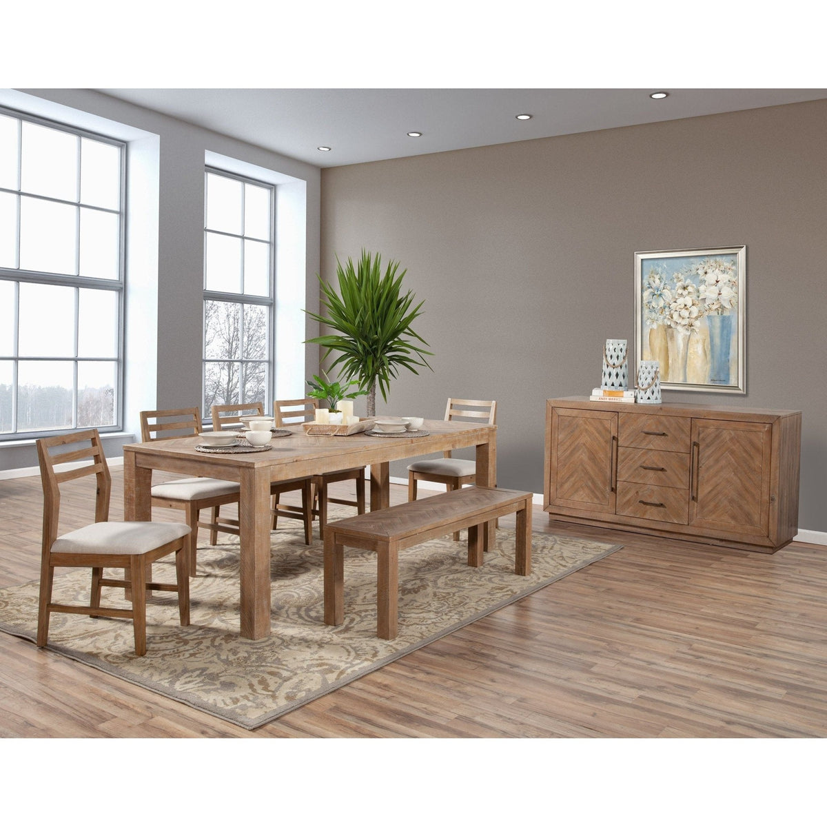 Aiden Rustic Dining Bench with Chevron Inlay, Natural Weathered – view 11