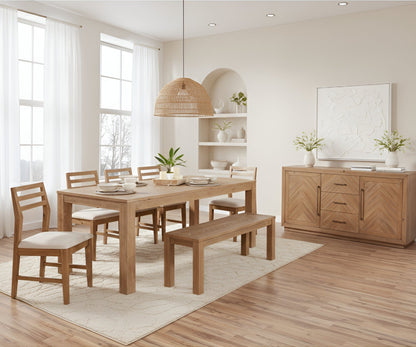 Solid Pine Aiden Dining Table with Chevron Inlay, Natural Weathered