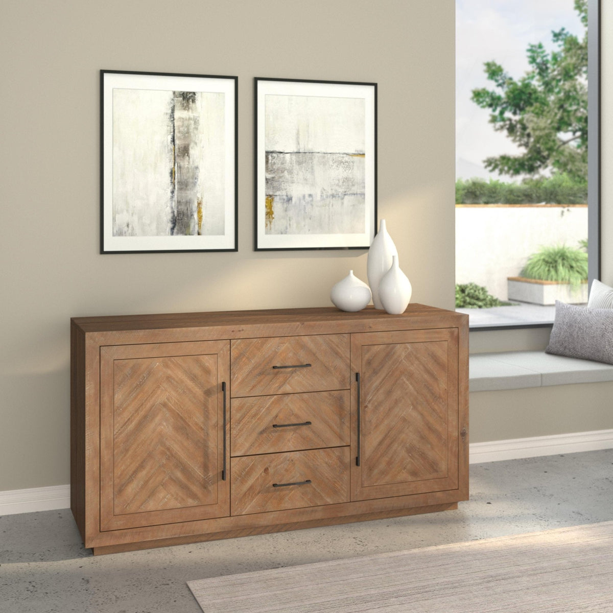 Natural Weathered Pine Sideboard with Chevron Inlay