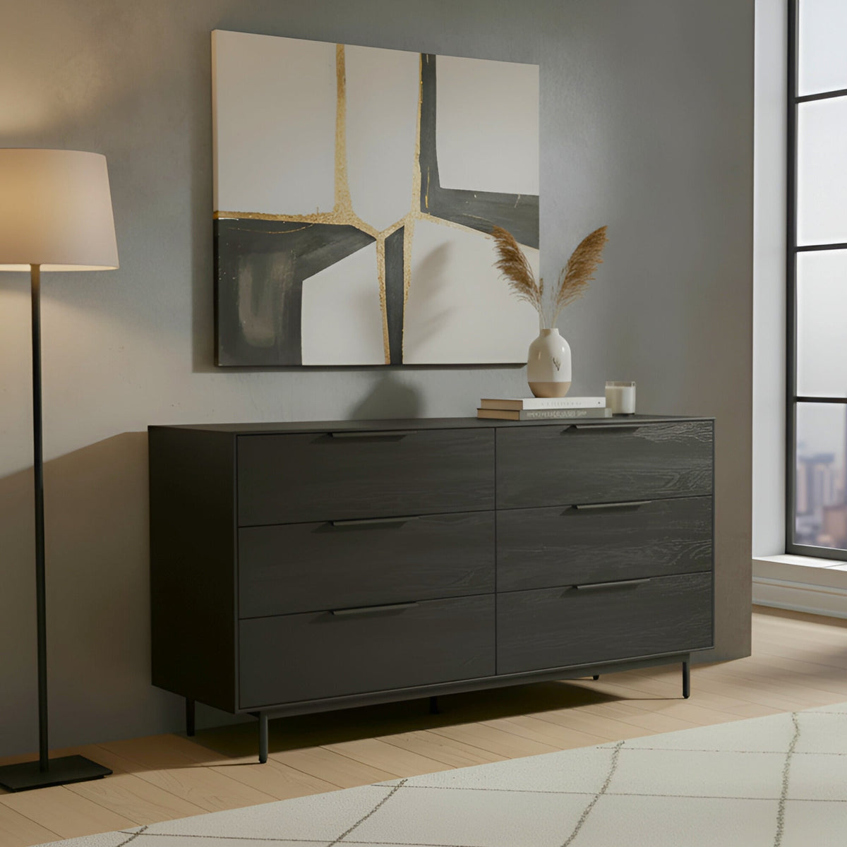Black Akira Dresser with Six Smooth-Glide Drawers