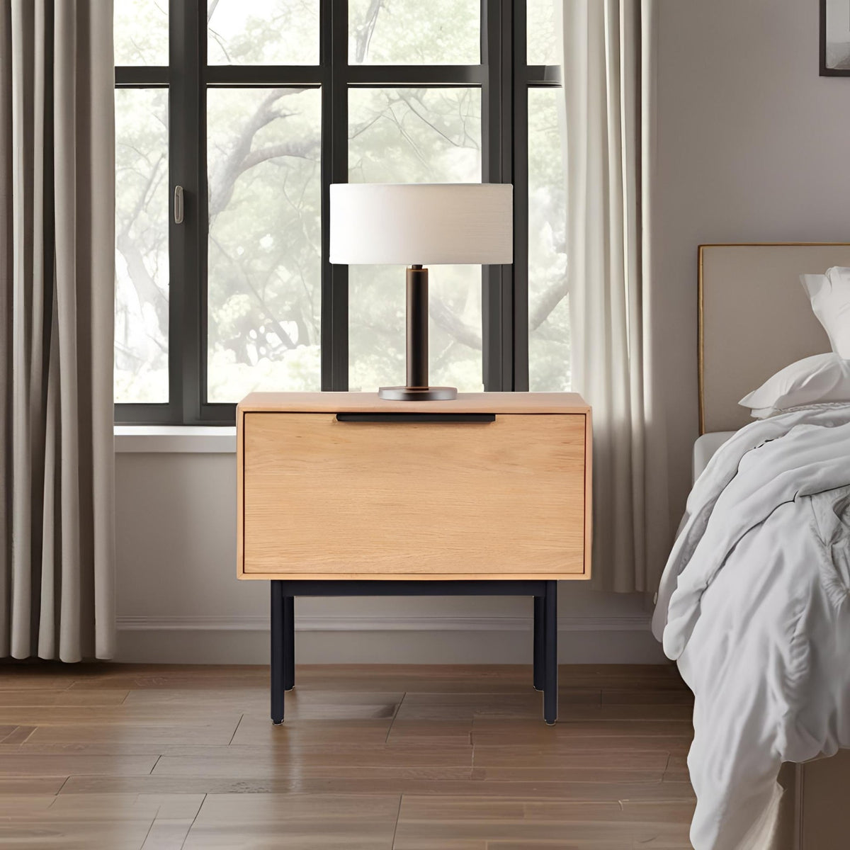 Akira Nightstand in Light Oak with Metal Legs and Dovetail Drawer – view 7