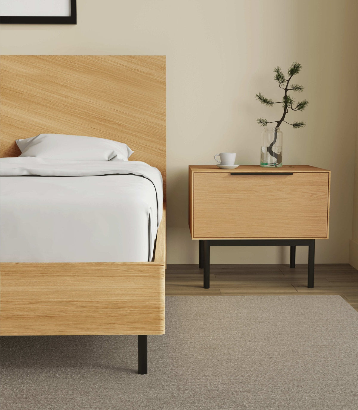 Akira Nightstand in Light Oak with Metal Legs and Dovetail Drawer – view 8