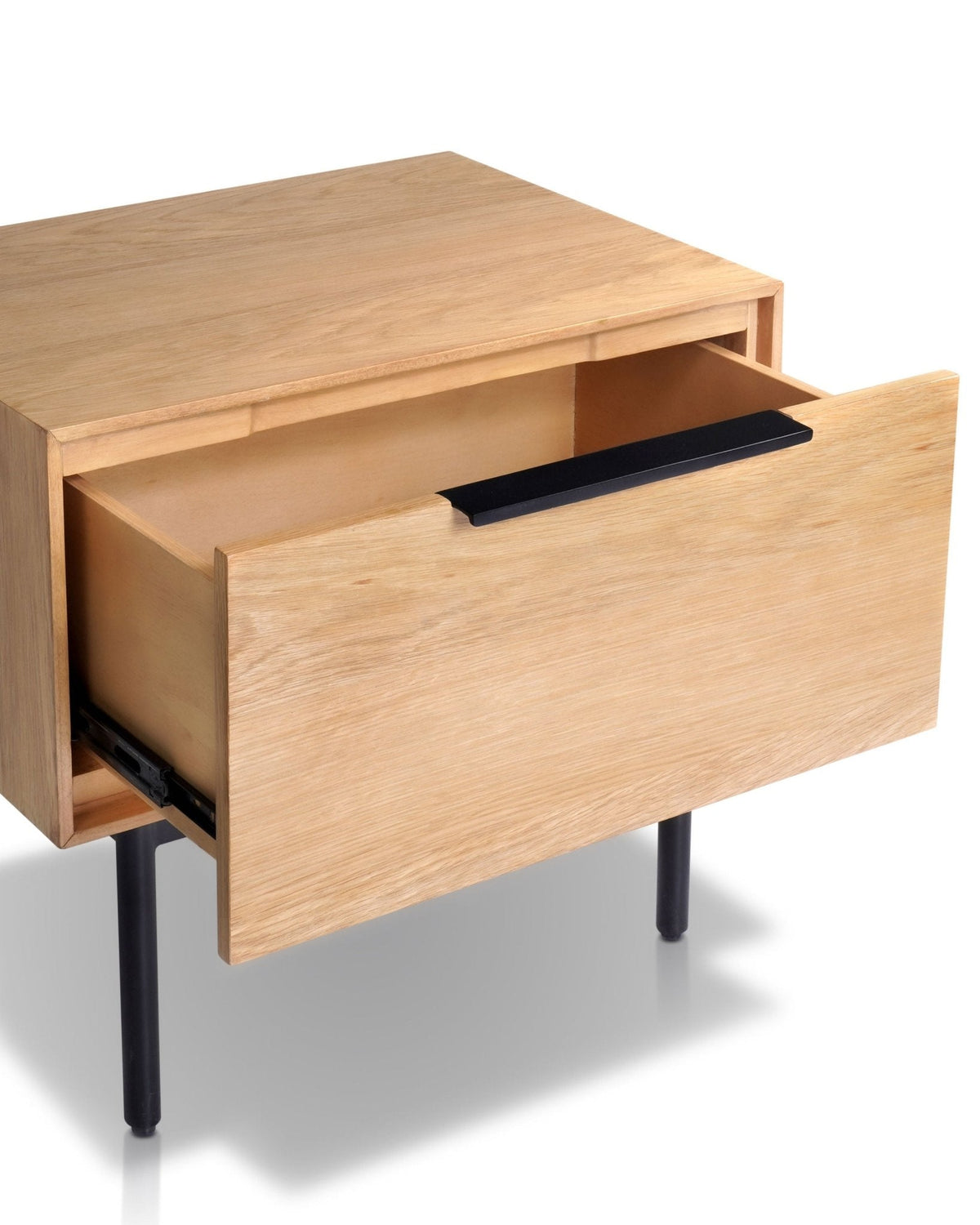 Akira Nightstand in Light Oak with Metal Legs and Dovetail Drawer – view 4
