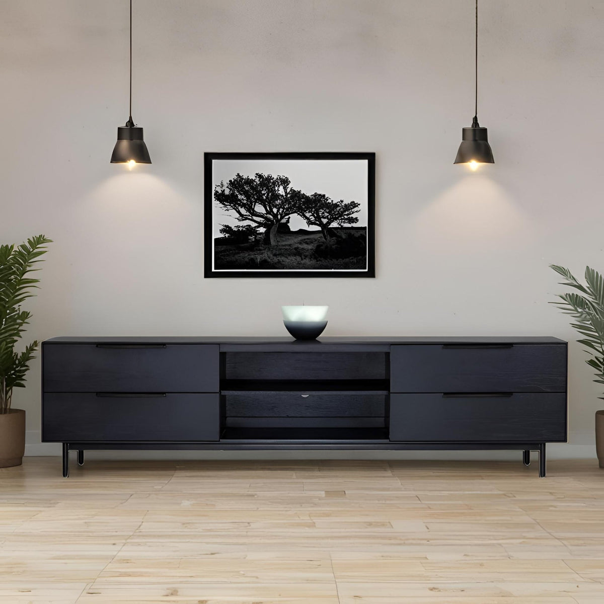 Akira TV Console with Dovetail Drawers and Open Shelves, Black – view 6